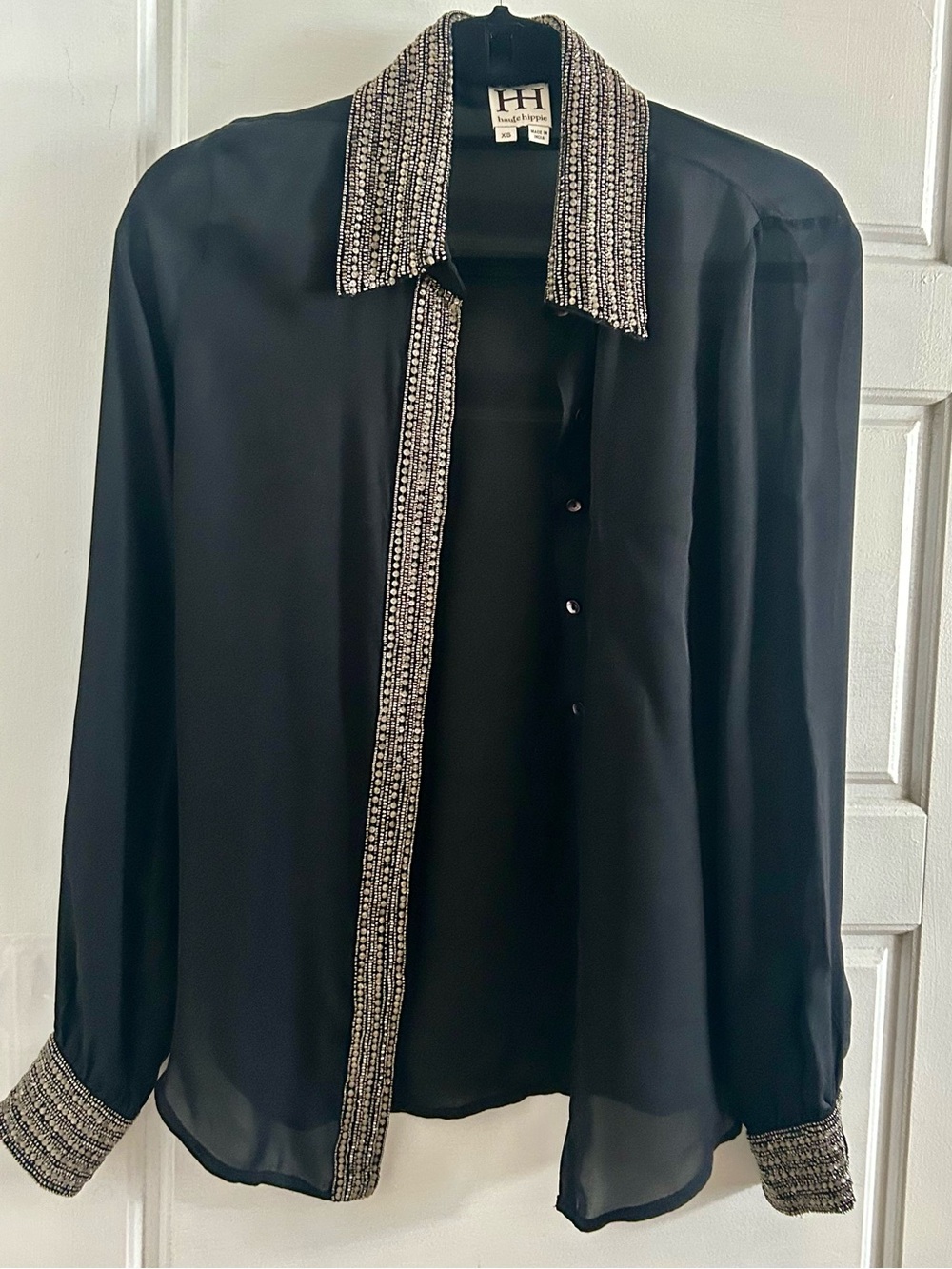 Haute Hippie Black 100% Silk Beaded Button Blouse XS